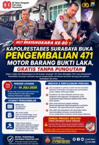 Kabar Baik! Polrestabes Surabaya Buka Pengambilan 471 Motor Barang Bukti Laka Tanpa Biaya